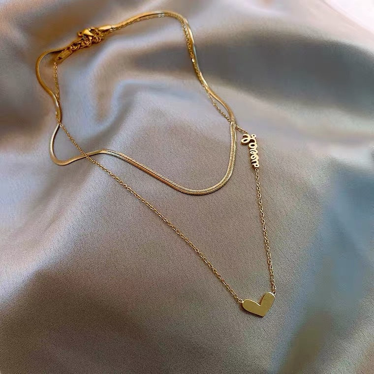 Minimalist Heart-Shaped Titanium Steel Plated Necklace for Women with Snake Chain Double Layer Locket Style