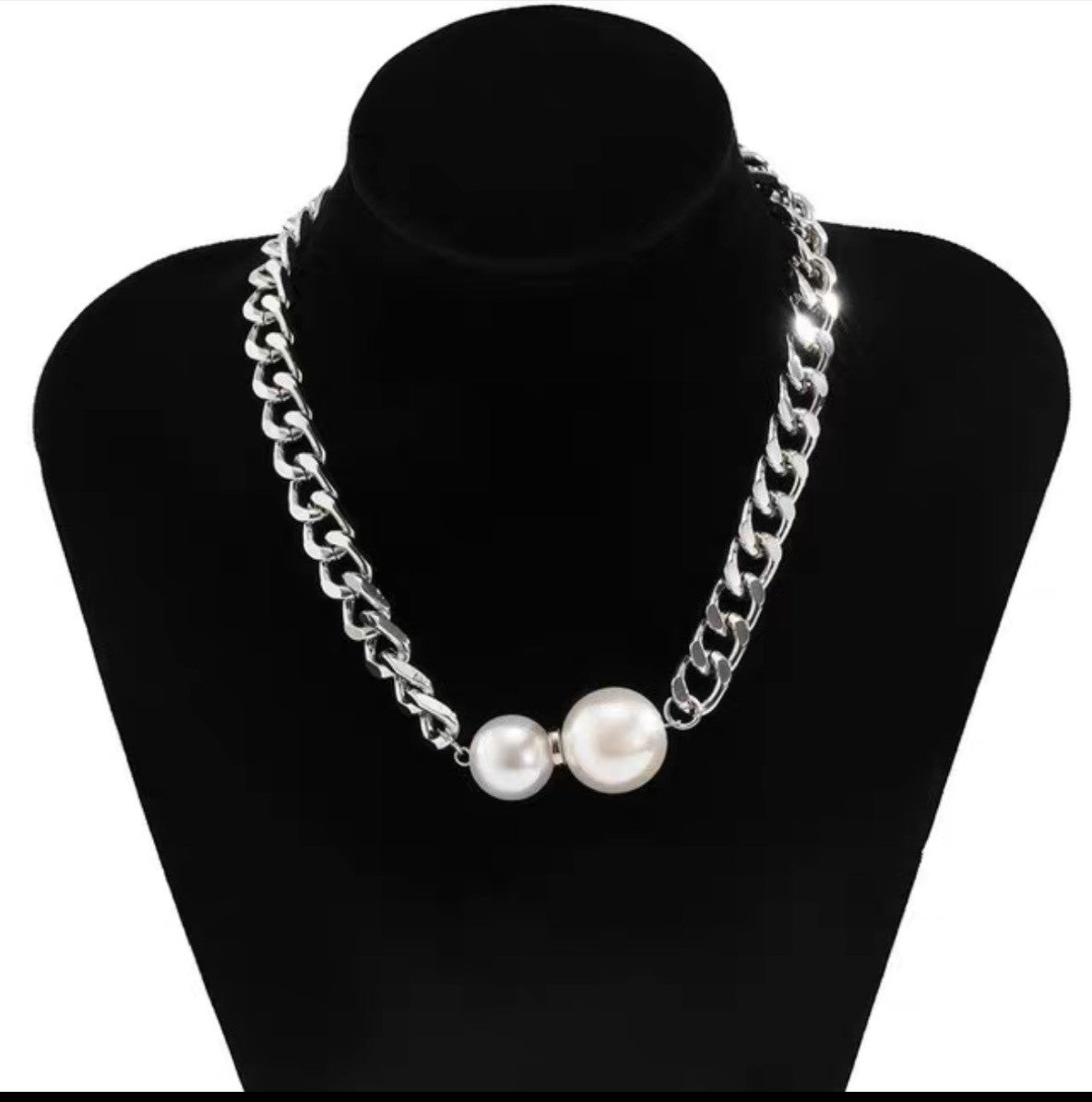 Exaggerated Geometric Titanium Steel Cuban Link Necklace with Large and Small Pearls for Women