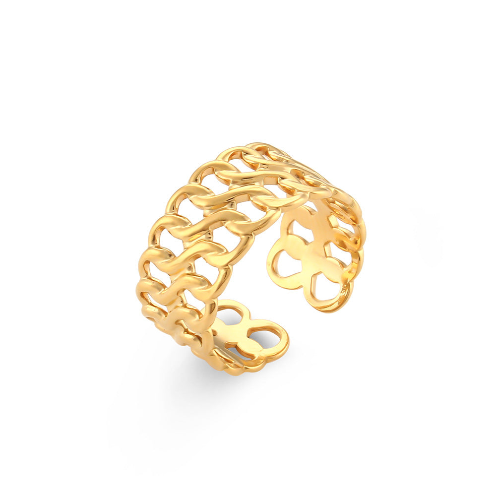 Vintage-Inspired Geometric Stainless Steel Ring with Gold Plating for Women
