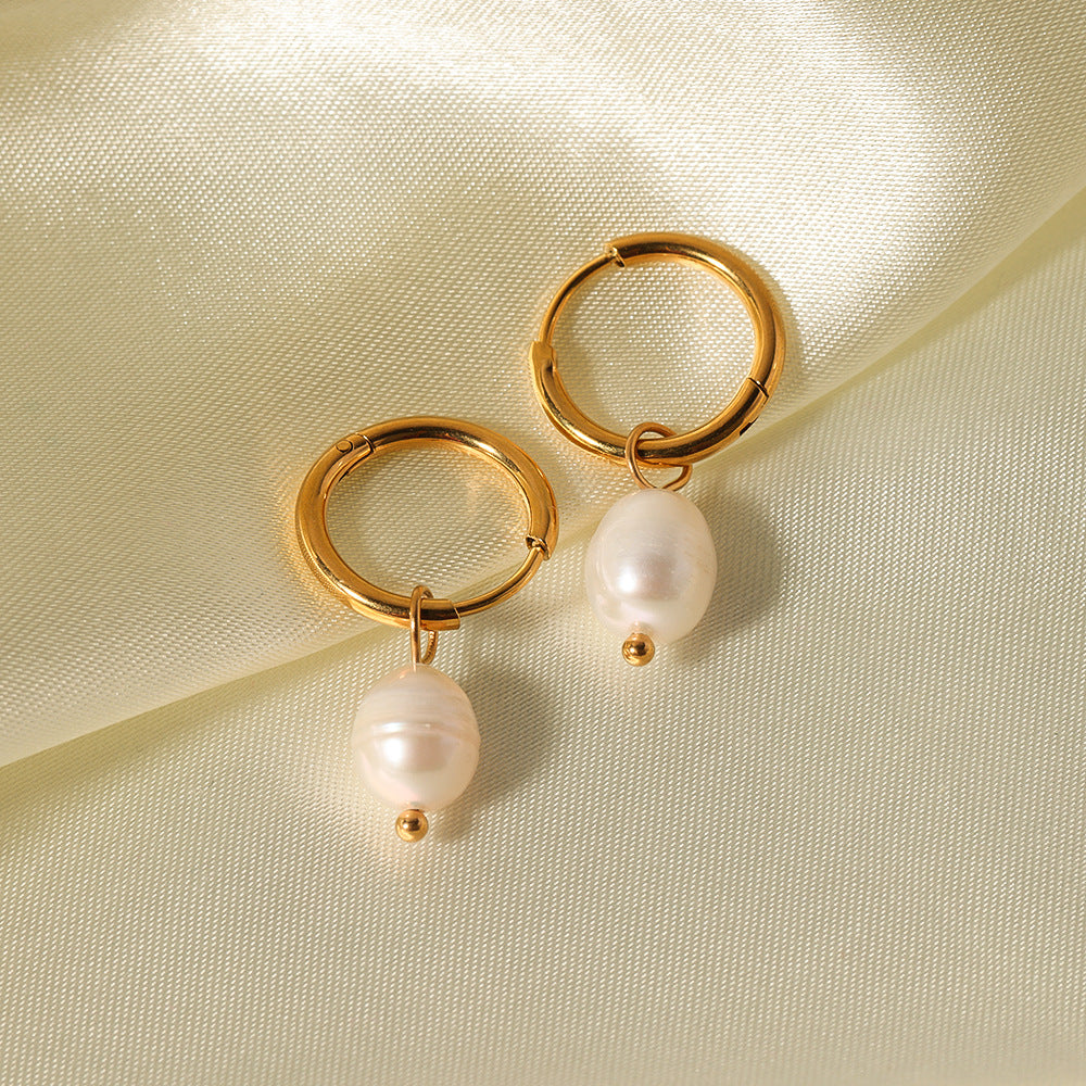Vintage French Style Geometric Freshwater Pearl Earrings in Titanium Steel with Plated Finish for Women