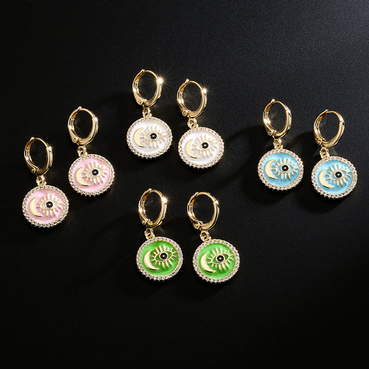 Minimalist Geometric Copper Earrings with 18K Gold Plating and Enamel Eye Detail for Women