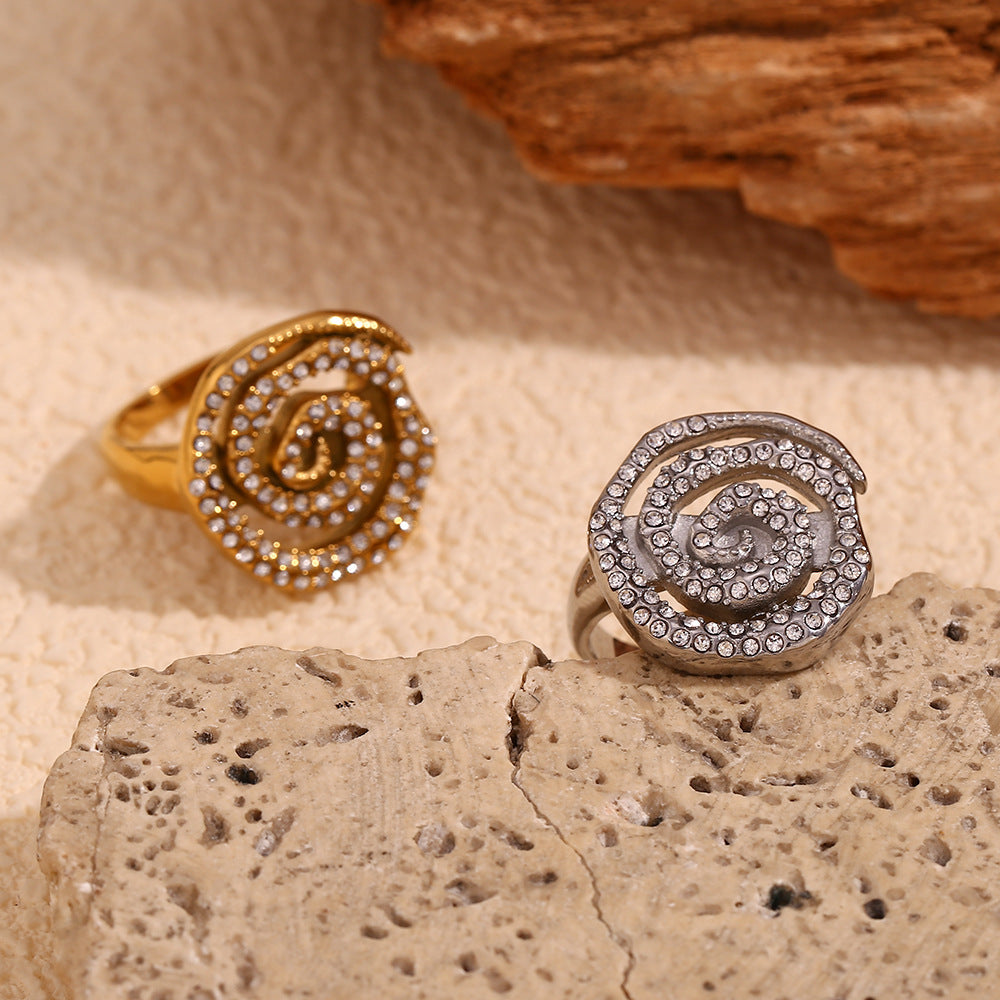 Minimalist Geometric Spiral Open Ring for Women in Stainless Steel with 18K Gold Plating and Full Rhinestone Inlay