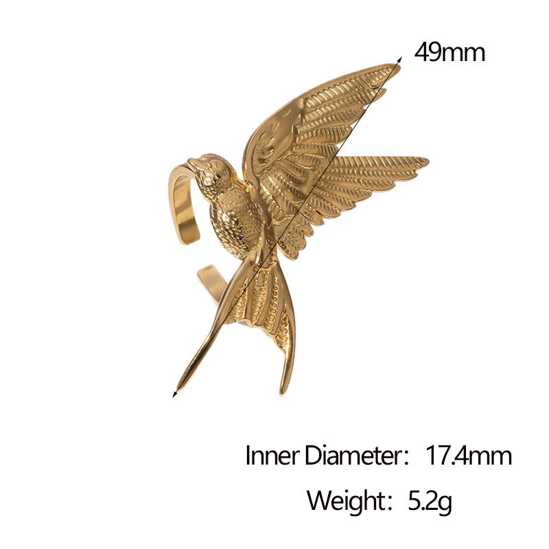 Minimalist Bird-Shaped Open-Style Ring in Stainless Steel with 18K Gold Plating for Women