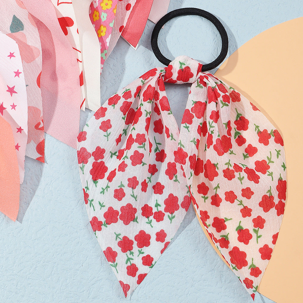 Spring Summer Floral Polka Dot Heart Star Printed Ribbon Hair Tie for Kids in Fabric Material