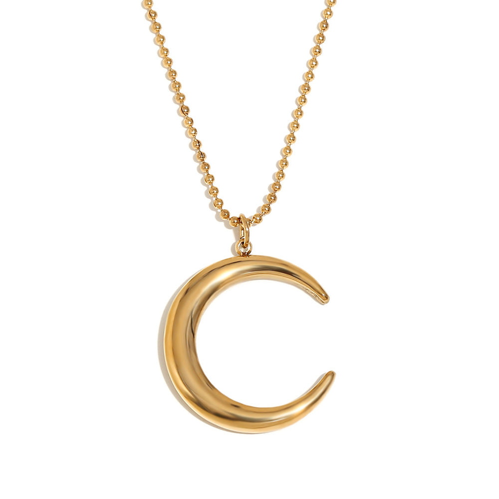 Collar Colgante de Luna Minimalista en Acero Inoxidable con Baño de Oro de 18K sobre Dije Geométrico de Cuerno de Acero de Titanio y Cadena de Cuentas