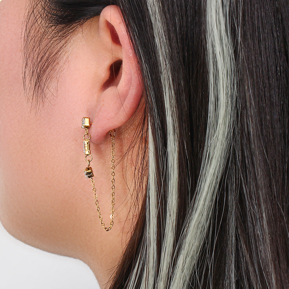 Minimalist Geometric Stainless Steel Ear Cuffs with Zircon Accents and Chain Detail for Women