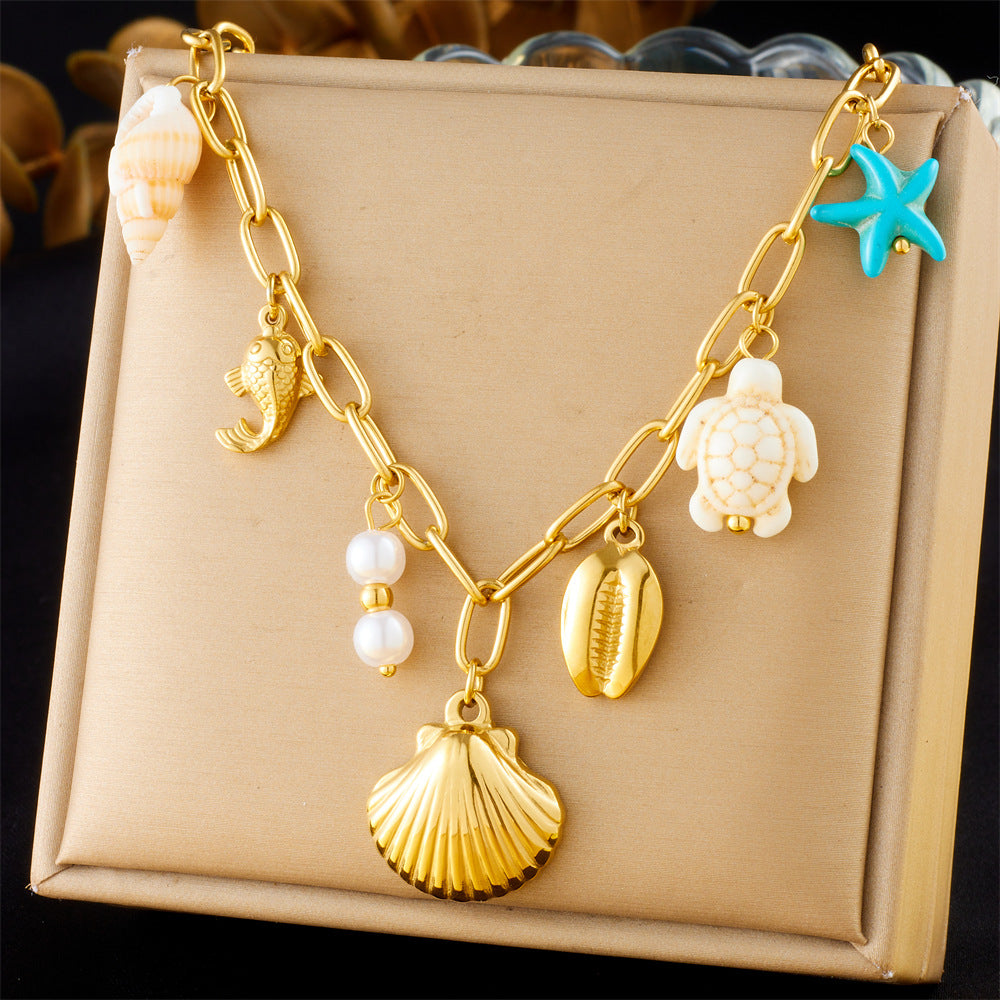 Fashion Gold Plated Stainless Steel Animal Shell Seahorse Turtle Starfish Pendant Curb Chain Necklace for Women