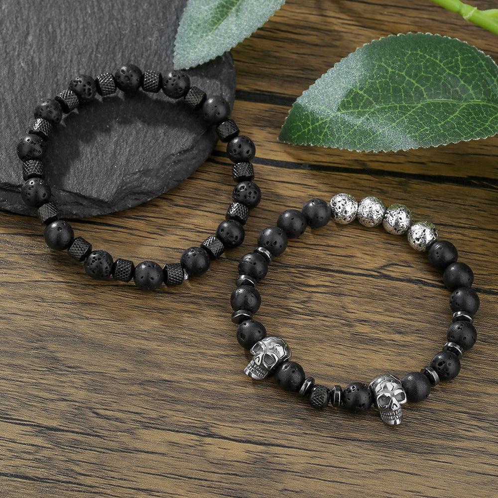 Hip-hop Geometric Round Stainless Steel Bracelet with Volcanic Stone Beads for Men and Women