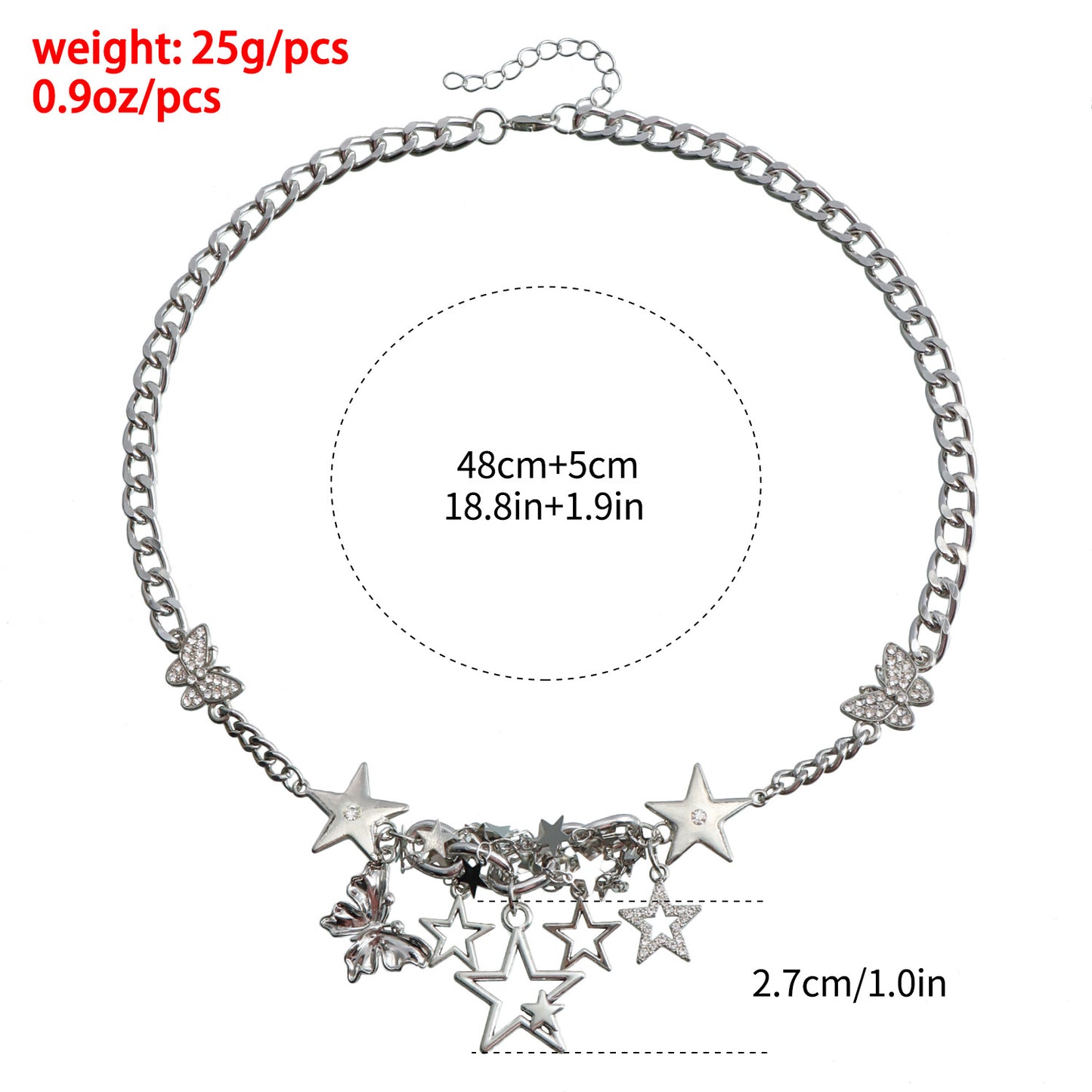 Collar con colgante de mariposa y estrella de estilo hip-hop atrevido para mujer con cadena de aleación y acabado galvanizado