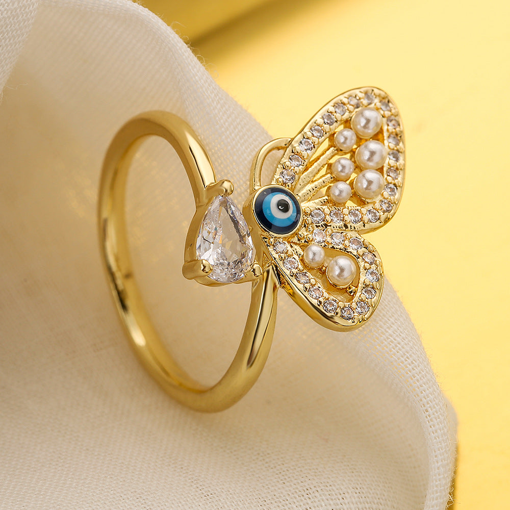 Elegant Butterfly-Shaped Geometric Open Ring for Women with Zircon and Pearl Accents, Micro-Paved Copper Jewelry
