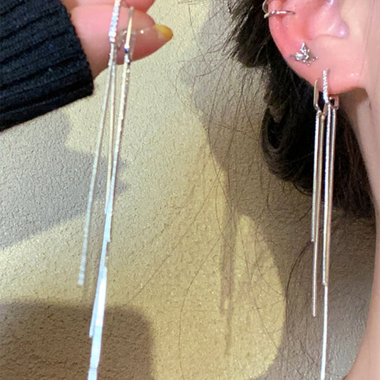 Aretes de borla de doble capa con diseño geométrico minimalista en cobre con incrustaciones de circonita para mujer
