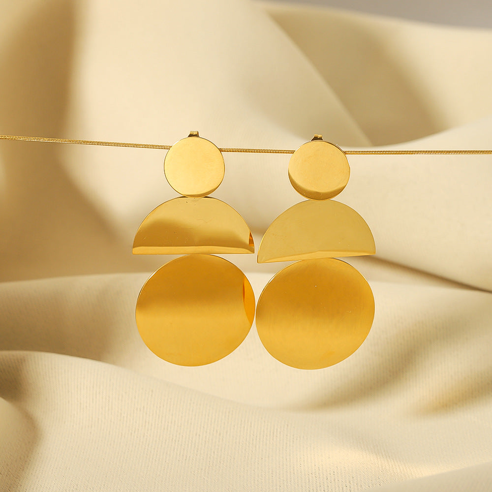 Geometric Round Stainless Steel Earrings with 18K Gold Plating for Women — Bold Metallic Statement Earrings