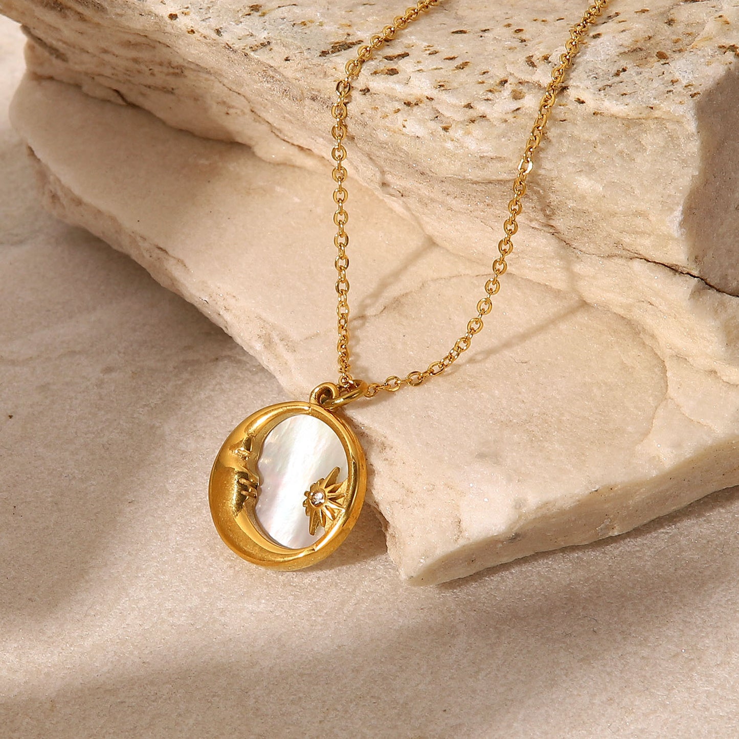 French Style 18K Gold Plated Stainless Steel Necklace with Natural White Shell Star Moon Geometric Pendant