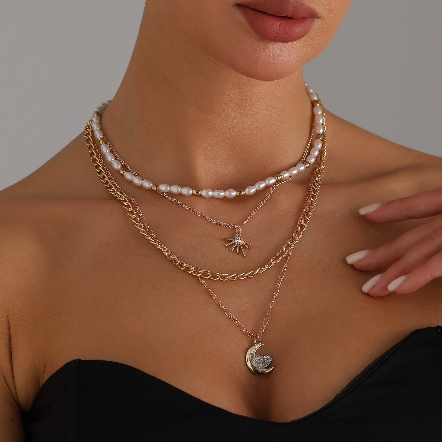 Vintage Sexy Multi-Layer Moon and Heart Pendant Necklace in Alloy with Plated Finish for Women