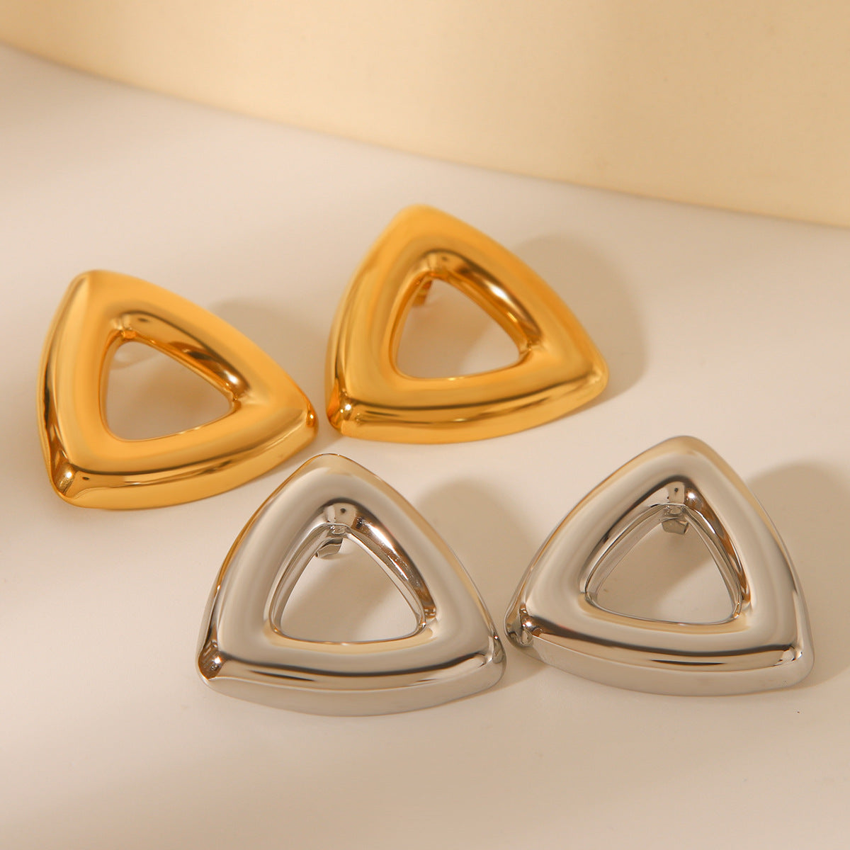 Geometric Triangle Stainless Steel Stud Earrings with 18K Gold Plating for Women
