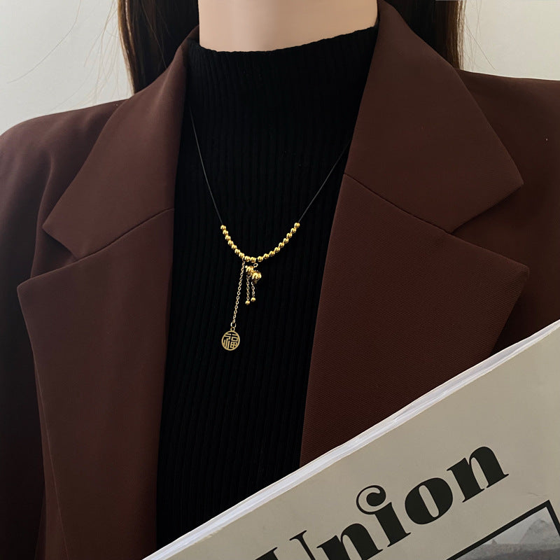 Minimalist Geometric Pendant Necklace with 'Fu' Character Design in Titanium Steel for Women and Men