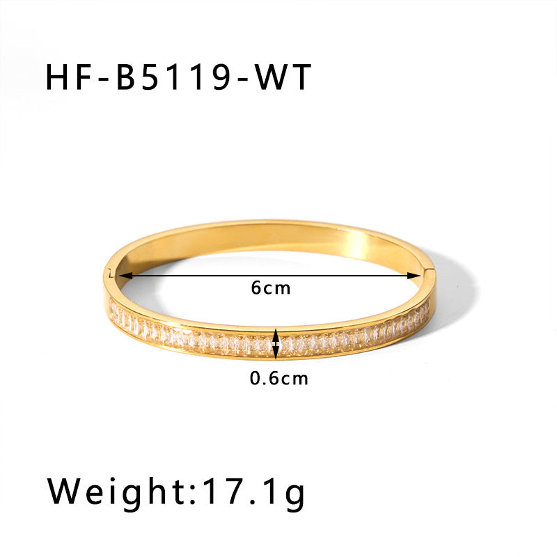 Vintage-Inspired Titanium Steel Cuff Bracelet with Zircon Inlay, Asymmetrical Design, Vacuum-Plated 18K Gold Finish for Women