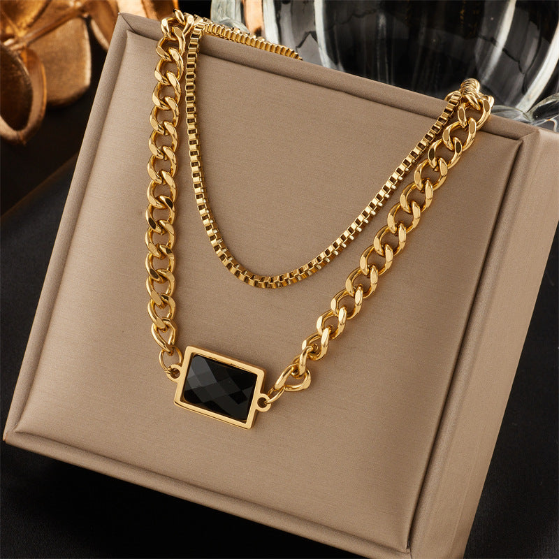 Vintage Minimalist Rectangular Black Rhinestone Double-Layer Titanium Steel Plated Necklace for Women