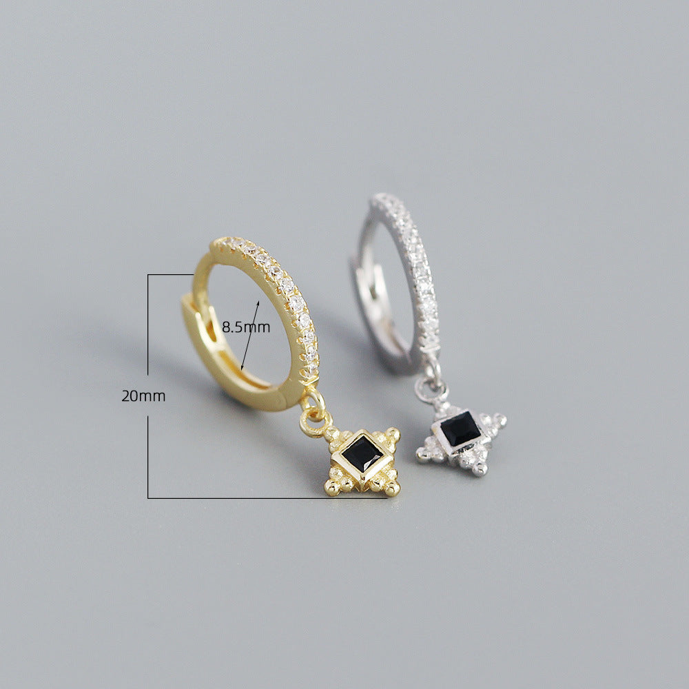 Minimalist Vintage 925 Sterling Silver Geometric Square Inlaid Cubic Zirconia Hoop Earrings