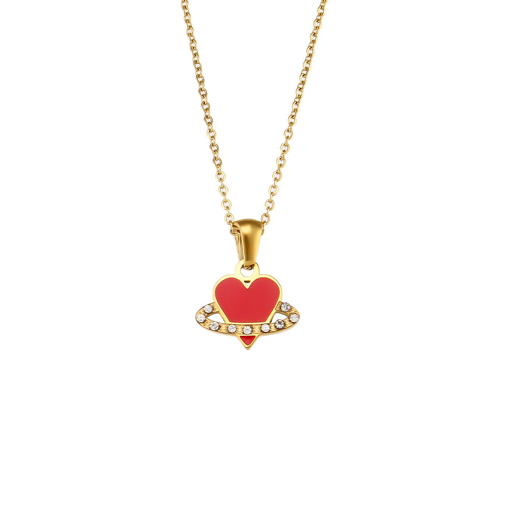 Fashionable Heart-Shaped Stainless Steel Plated Necklace with Red Enamel Accent and Circular Pendant
