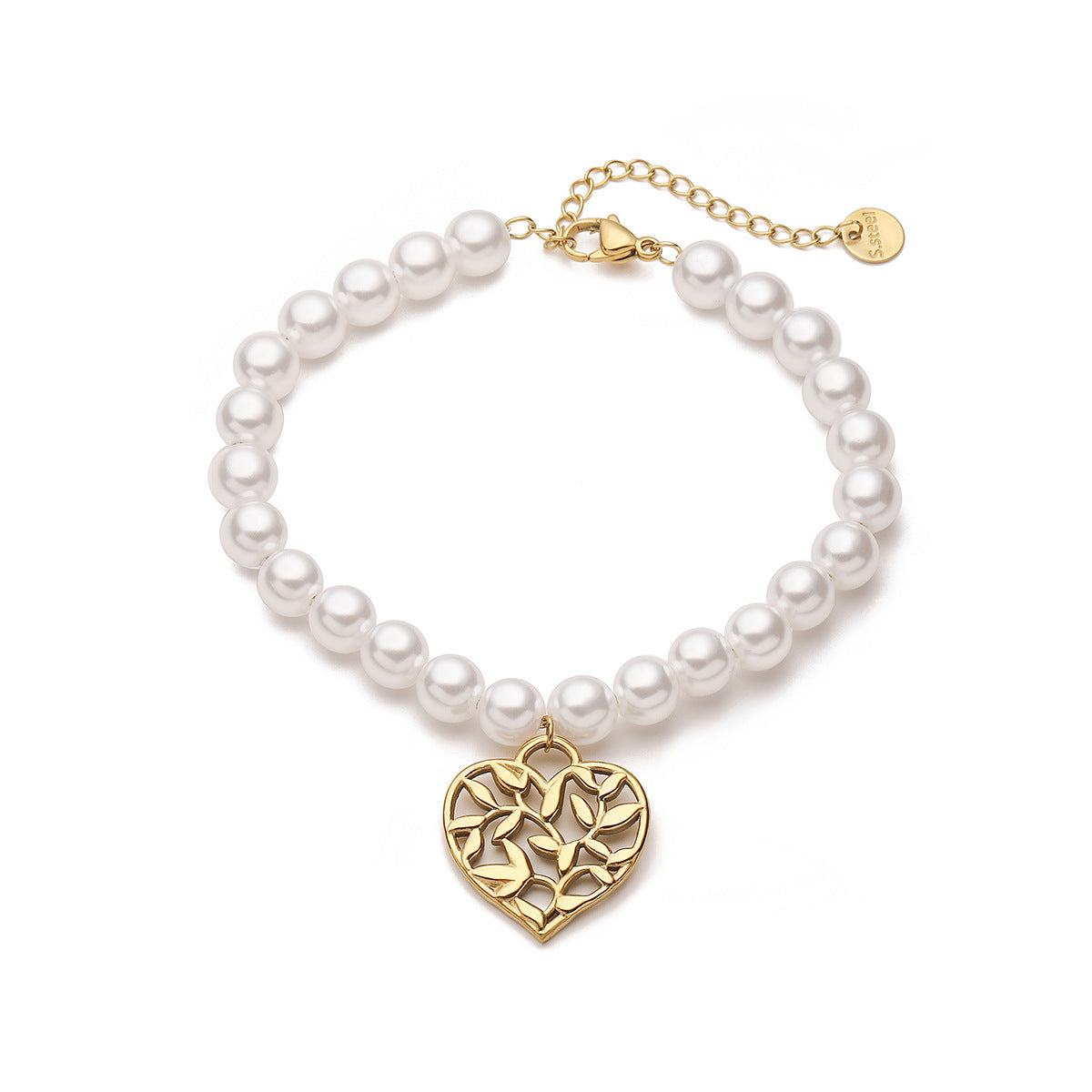 Elegant Heart-Shaped Stainless Steel Bracelet with 18K Gold Plating and Pearl Accents for Women