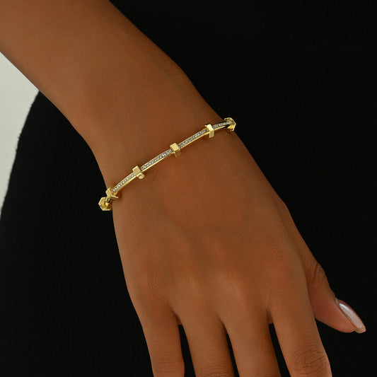 Pulsera de Cobre Geométrica Dulce y Fresca Minimalista con Incrustaciones de Circones para Mujer