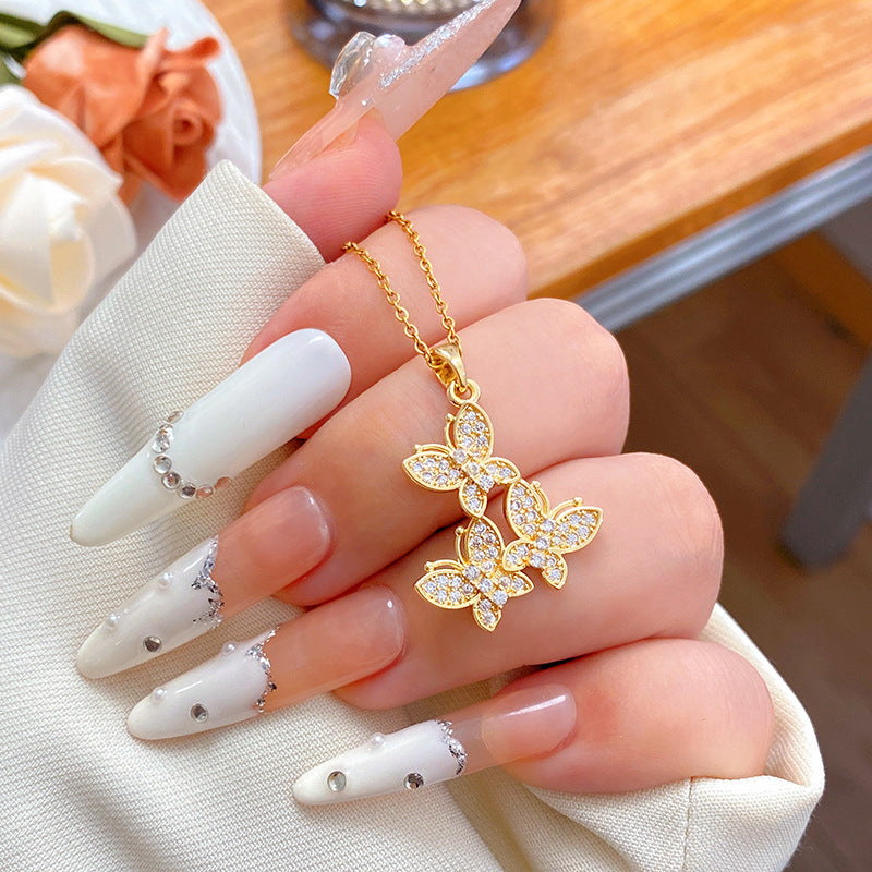 Minimalist Luxury Rhinestone Camellia Leaf Heart Star Geometric Pendant Titanium Steel Necklace for Unisex