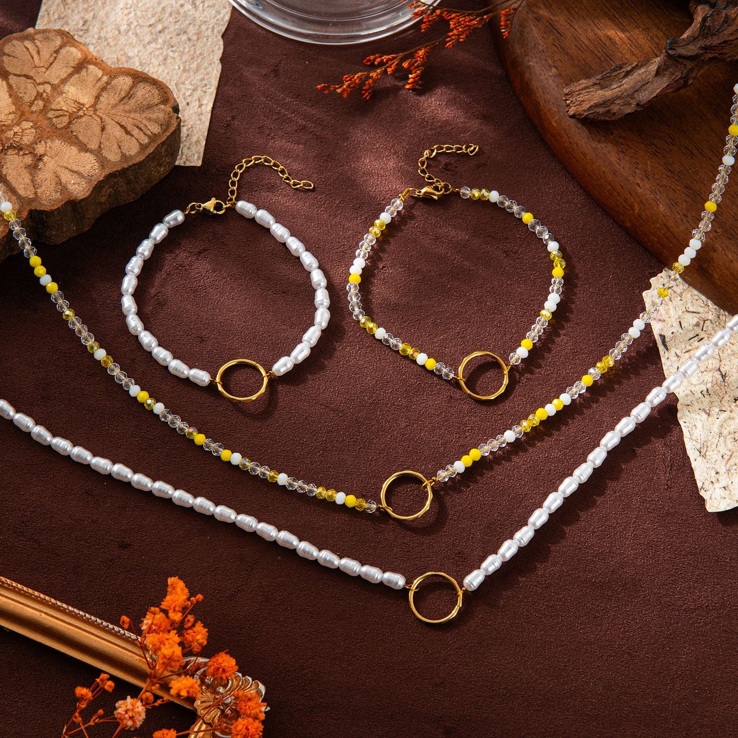 Gold Plated Brass Pearl Beaded Charm Bar