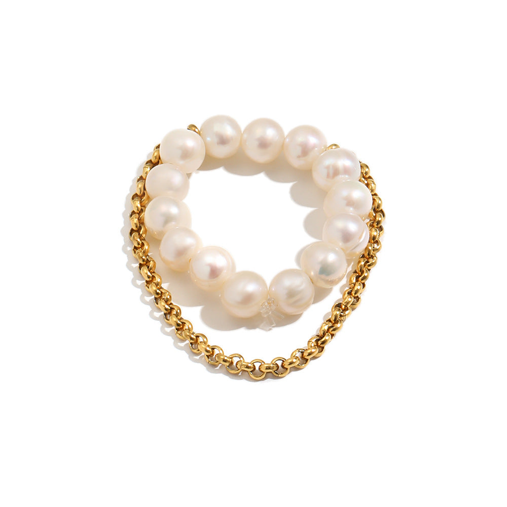 Luxury Minimalist 18K Gold Plated Stainless Steel Round Pearl Tassel Elastic Ring for Women