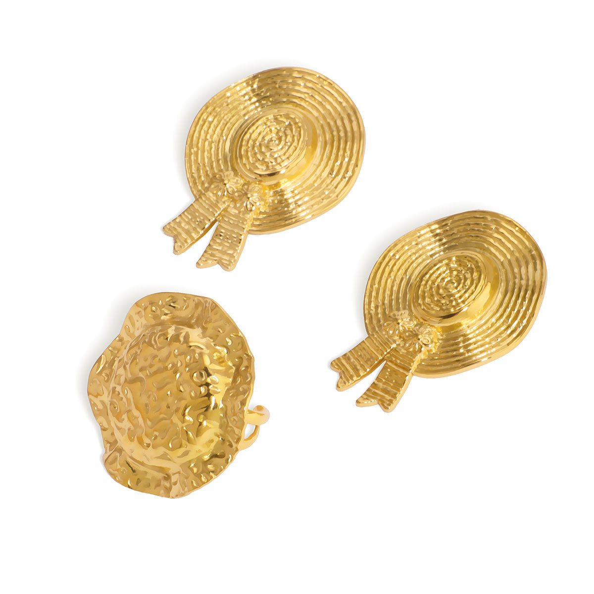 Geometric Textured Open Ring for Women in Stainless Steel with 18K Gold Plating, Matching Earrings Set