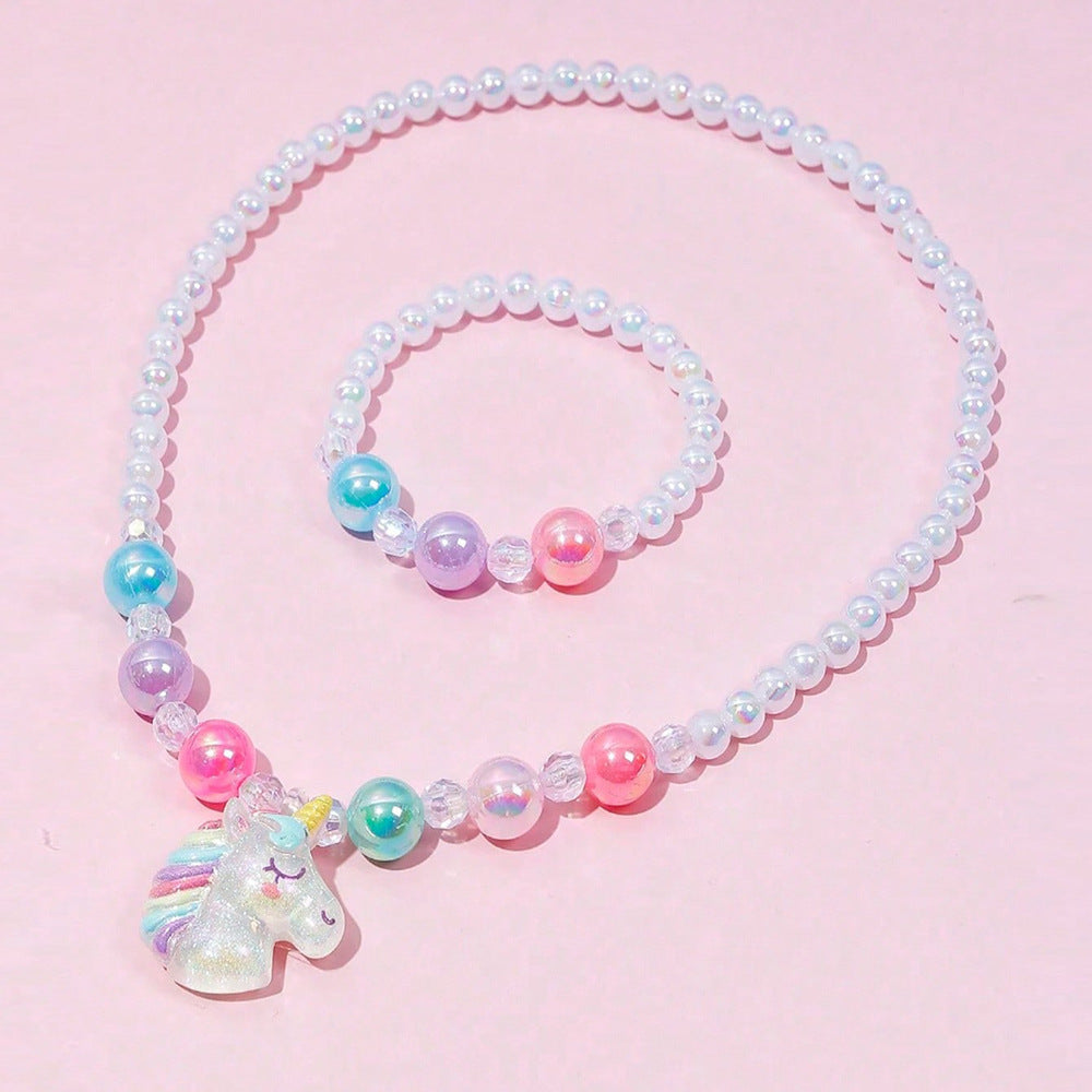 Set Collana Pendente Unicorno Cartone Animato per Bambine con Ciondolo in Resina e Catena di Perline Stile Principessa