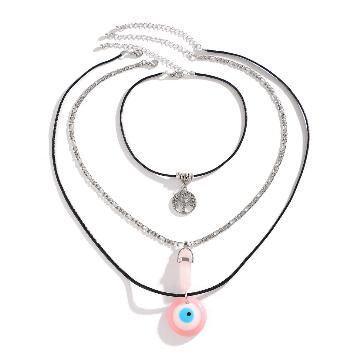 Collana Pendente Vintage Minimalista in Lega con Occhi a Cuore, Catena a Nappe Multistrato Galvanizzata