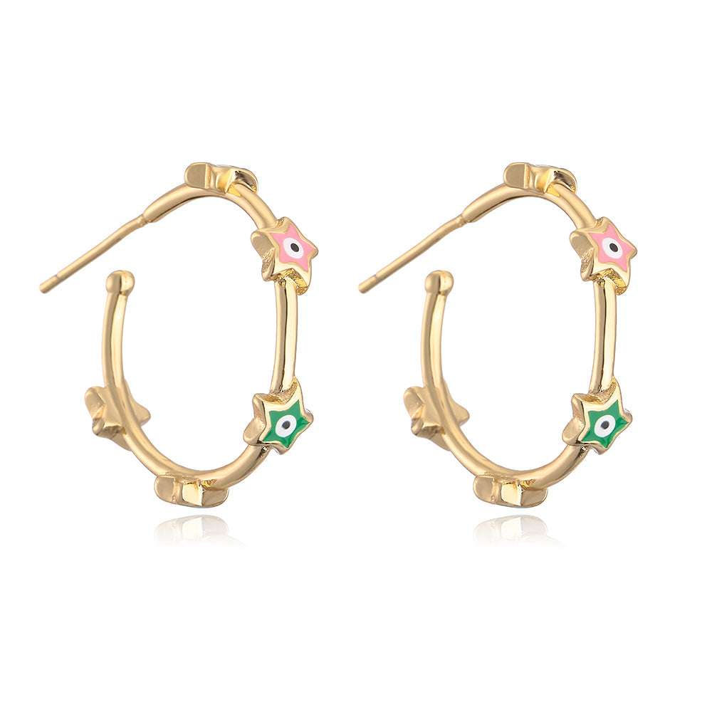 Orecchini a cerchio a forma di fiocco geometrico in rame con placcatura in oro 18 carati e zirconi microincastonati a forma di occhio di Allah