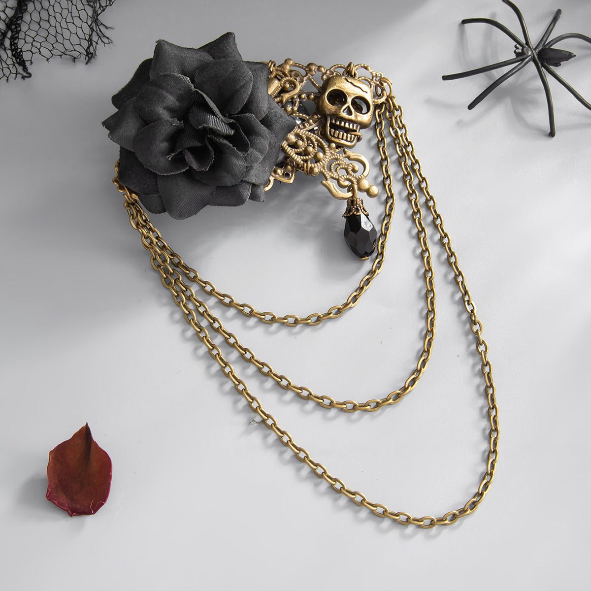 Vintage Punk Iron Plated Floral Teardrop Brooch with Crystal Skull Pin for Women