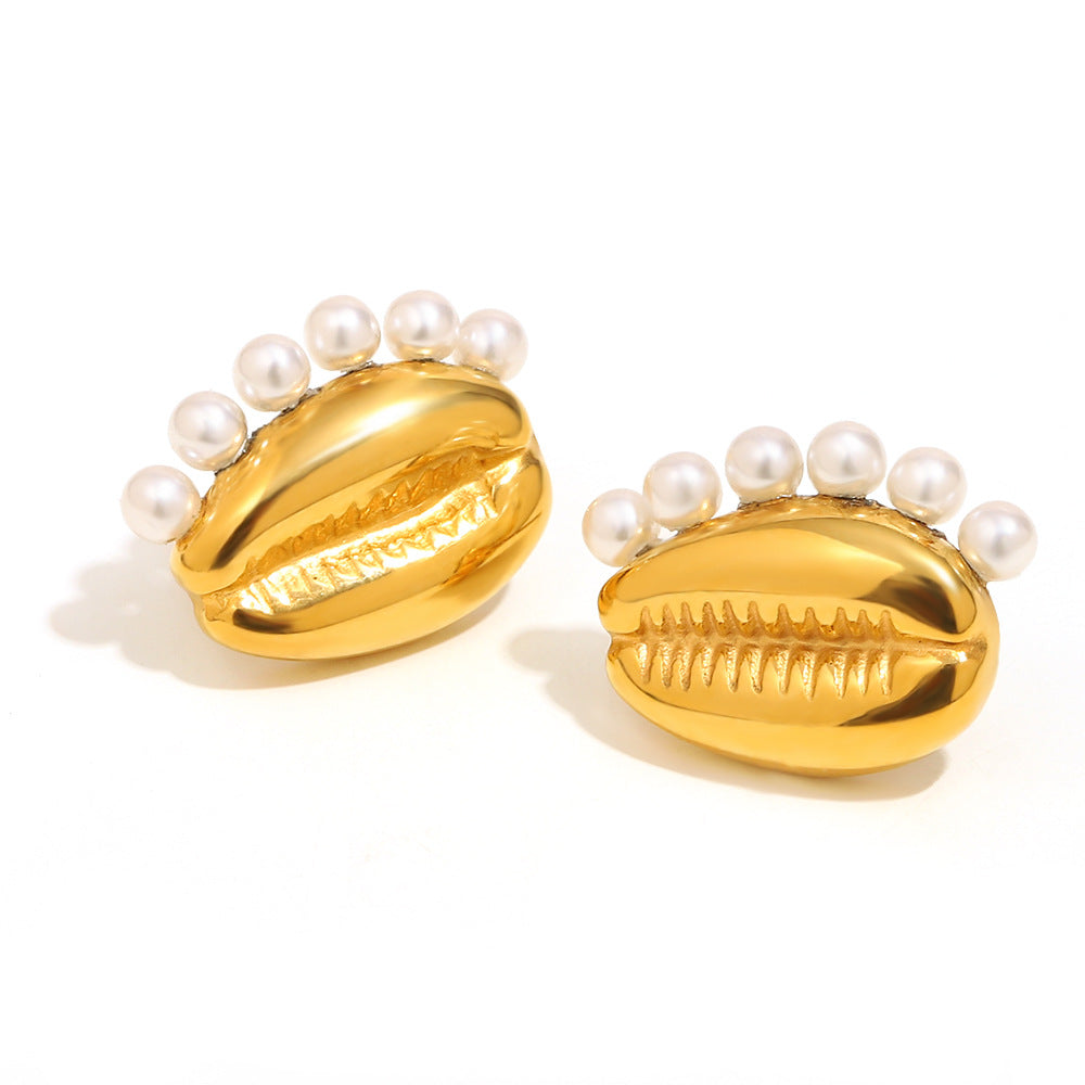 Orecchini a cerchio audaci in acciaio inossidabile con placcatura in oro 18 carati e perle simulate, da donna