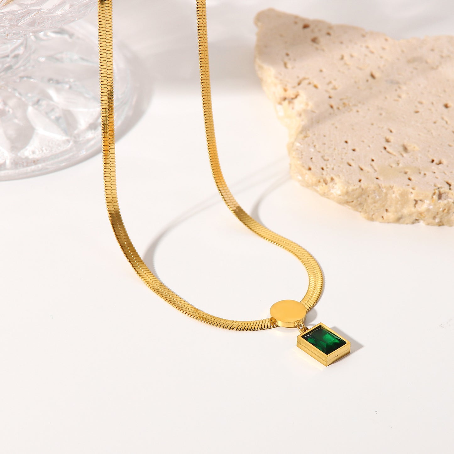 Collar de Acero Inoxidable Chapado en Oro de 18K Vintage, Colgante Geométrico de Circonia Cuadrada Verde, Cadena de Serpiente para Mujer