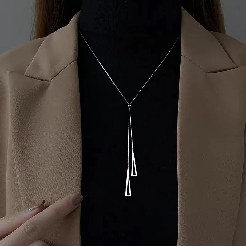 Geometric Triangle Pendant Titanium Steel Plated Long Sweater Chain with Tassel Detail for Women