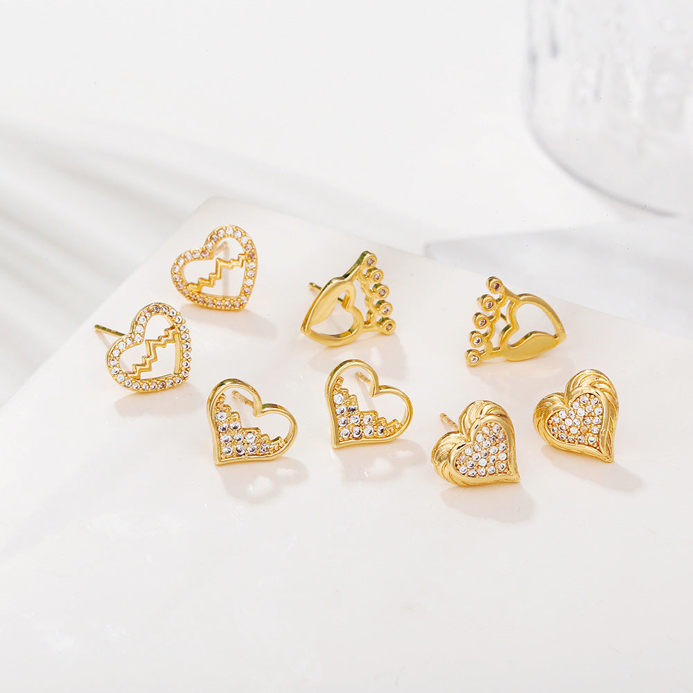 Minimalist Elegant Gold Plated Brass Heart Earrings with Micro-Inlaid Cubic Zirconia