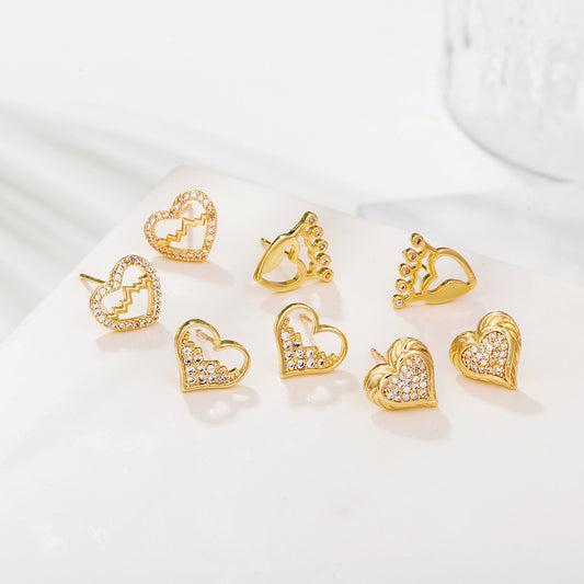 Minimalist Elegant Gold Plated Brass Heart Earrings with Micro-Inlaid Cubic Zirconia