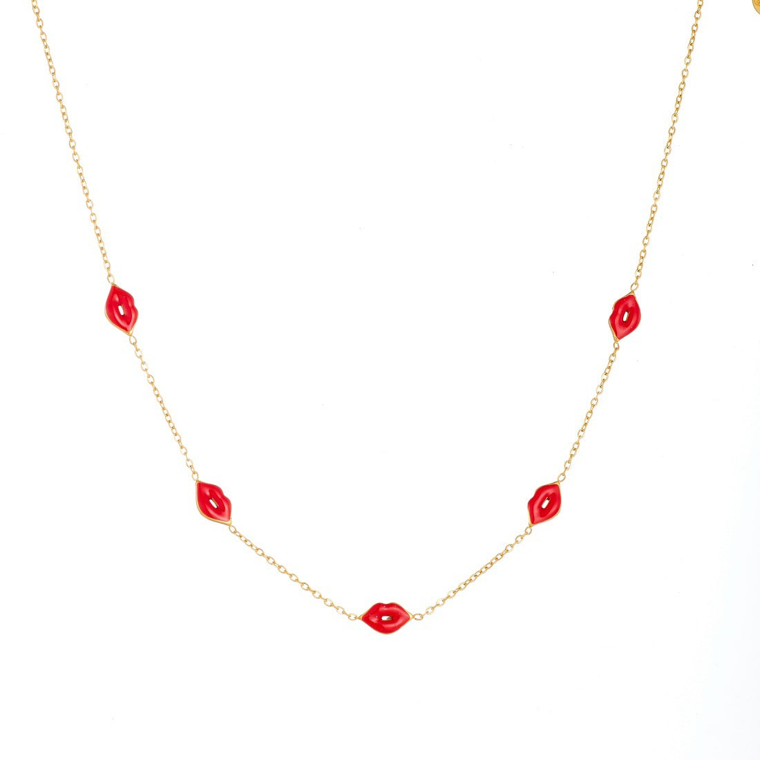 Minimalist Gold Plated Drip Oil Lips Pattern Stainless Steel Pendant Necklace Set for Women