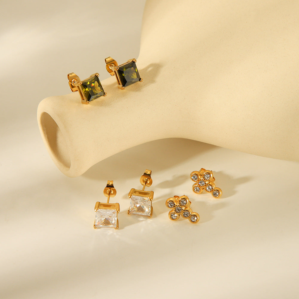 Minimalist Titanium Steel Square Zircon Earrings for Women with Vacuum Plating Finish