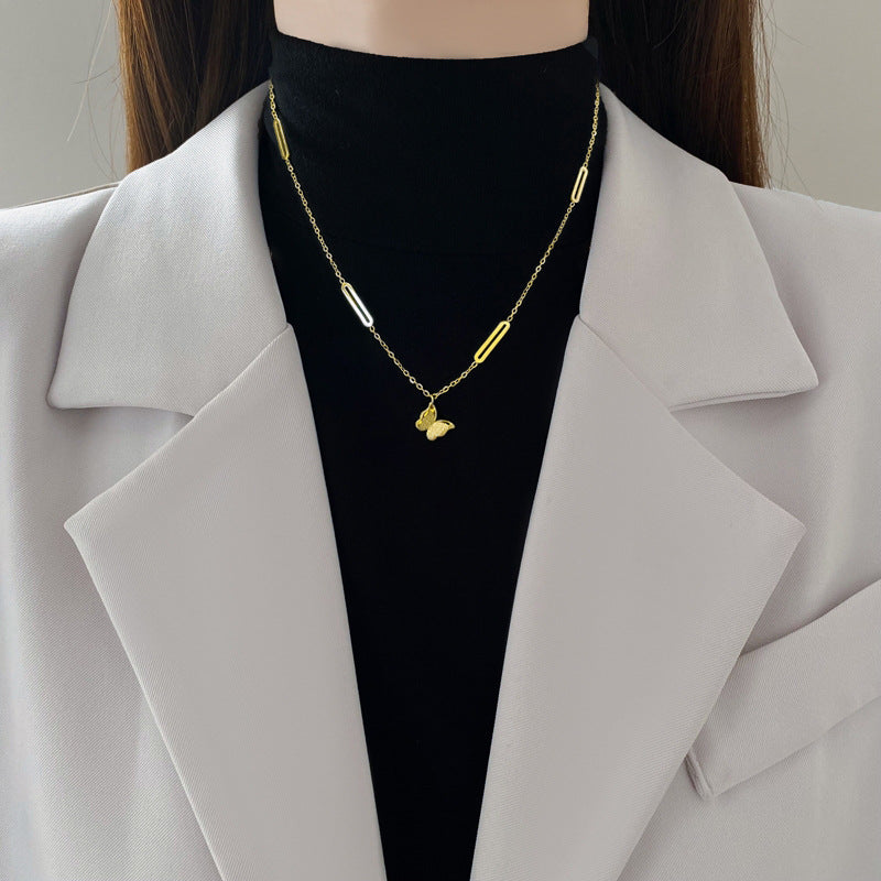 Minimalist Butterfly Pendant Necklace in Titanium Steel with Gold Plating for Women and Men