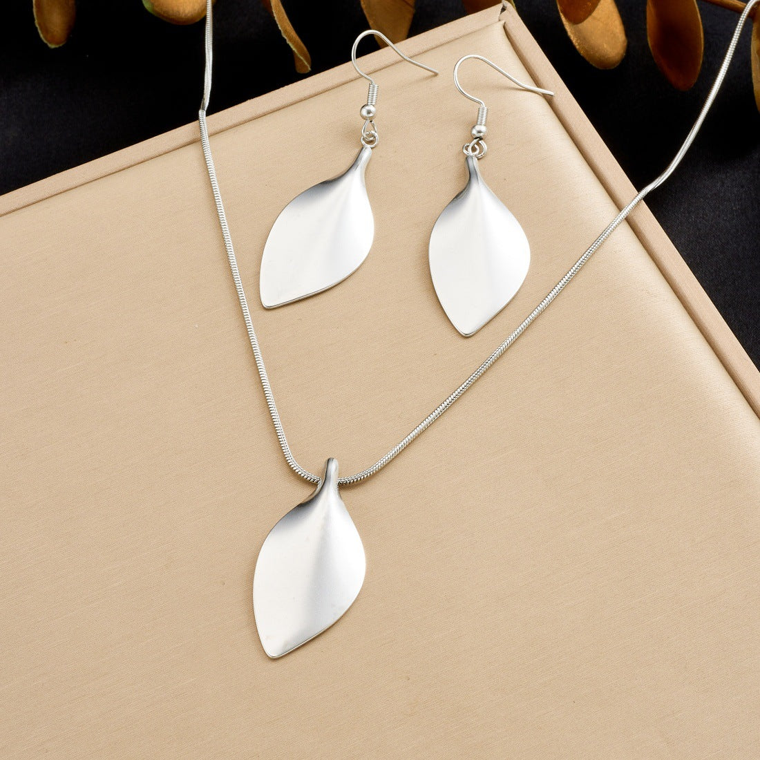 Minimalist Gold Plated Stainless Steel Leaf Pendant Necklace and Earring Set with Snake Chain for Women