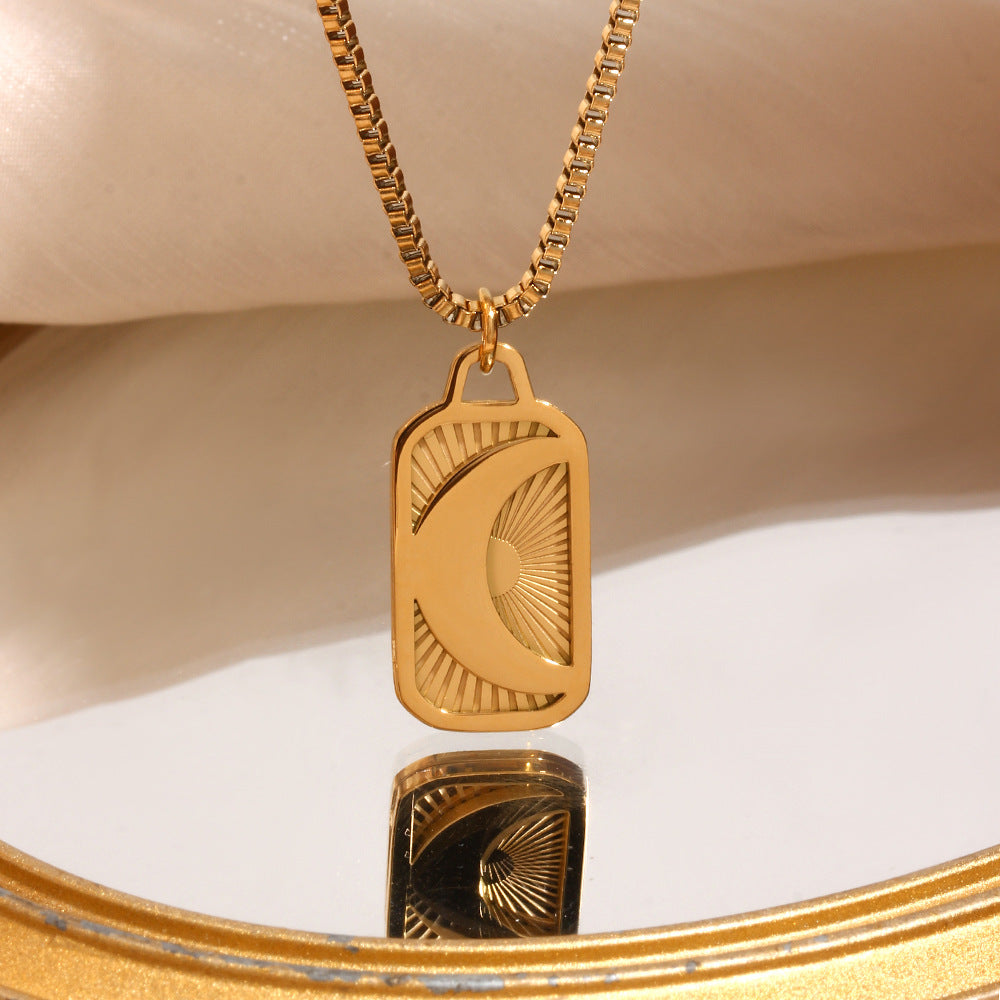 Minimalist Geometric Pendant Necklace for Women Stainless Steel with 18K Gold Plating and Engraved Moon Charm