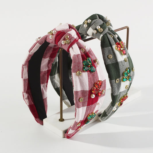 Sweet and Edgy Checkerboard Rhinestone Hairband for Women with Fabric Base and Embellished Design