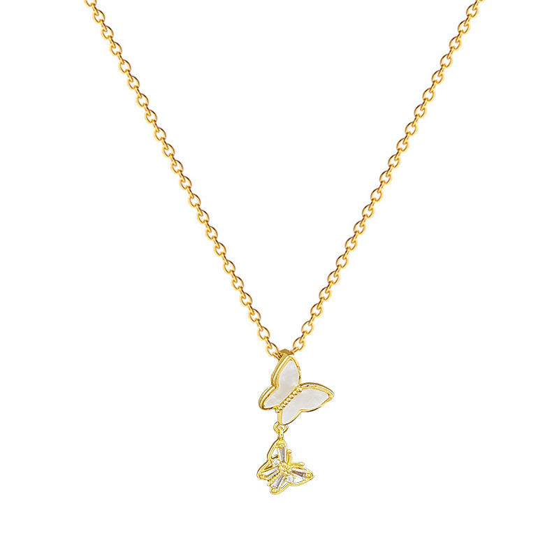 Cartoon Style Butterfly and Shell Pendant Necklace for Women with Hollow-Out Design Titanium Steel Locket Chain