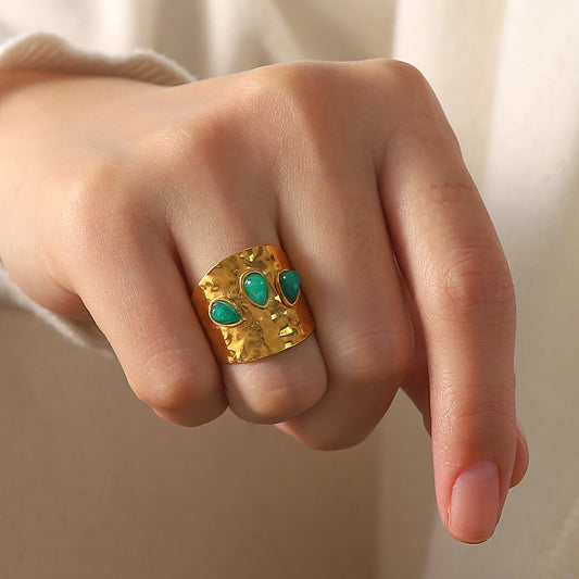 Minimalist French-Inspired Titanium Steel Ring with Three Irregular Green Natural Stones for Women