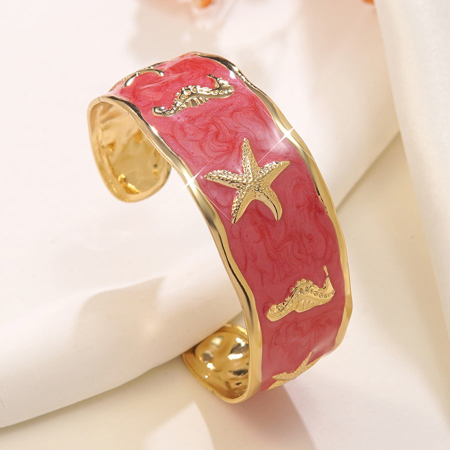 Elegant Drip Oil Stainless Steel Animal Cuff Bracelet with Starfish and Seahorse Design