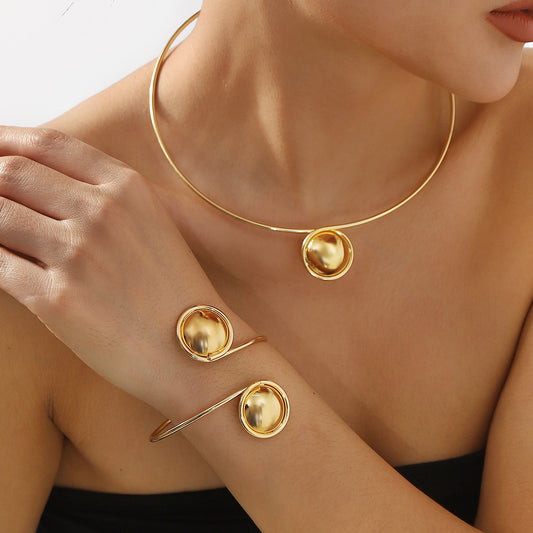 Minimalist Cold-Tone Round Ball Necklace and Bracelet Set with Electroplated Iron Finish