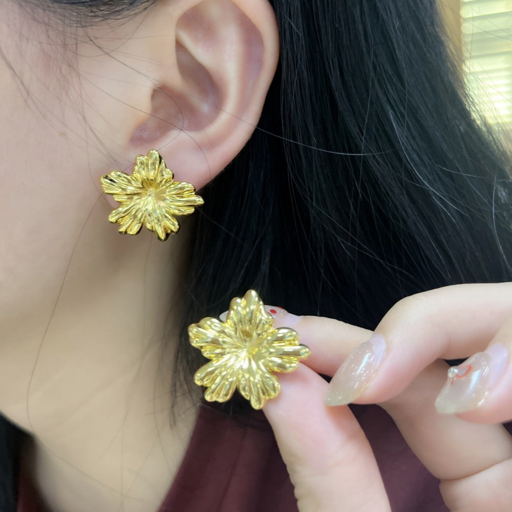 Elegant Business Floral Stamping Stainless Steel Stud Earrings for Women